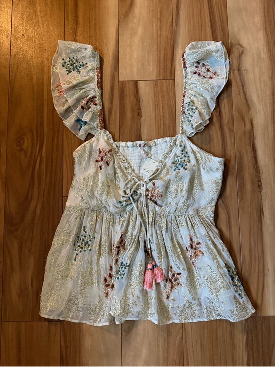 Free People Tops - NWT Free People All That Shimmers Metallic Sequin Babydoll Top XL Boho Fairy